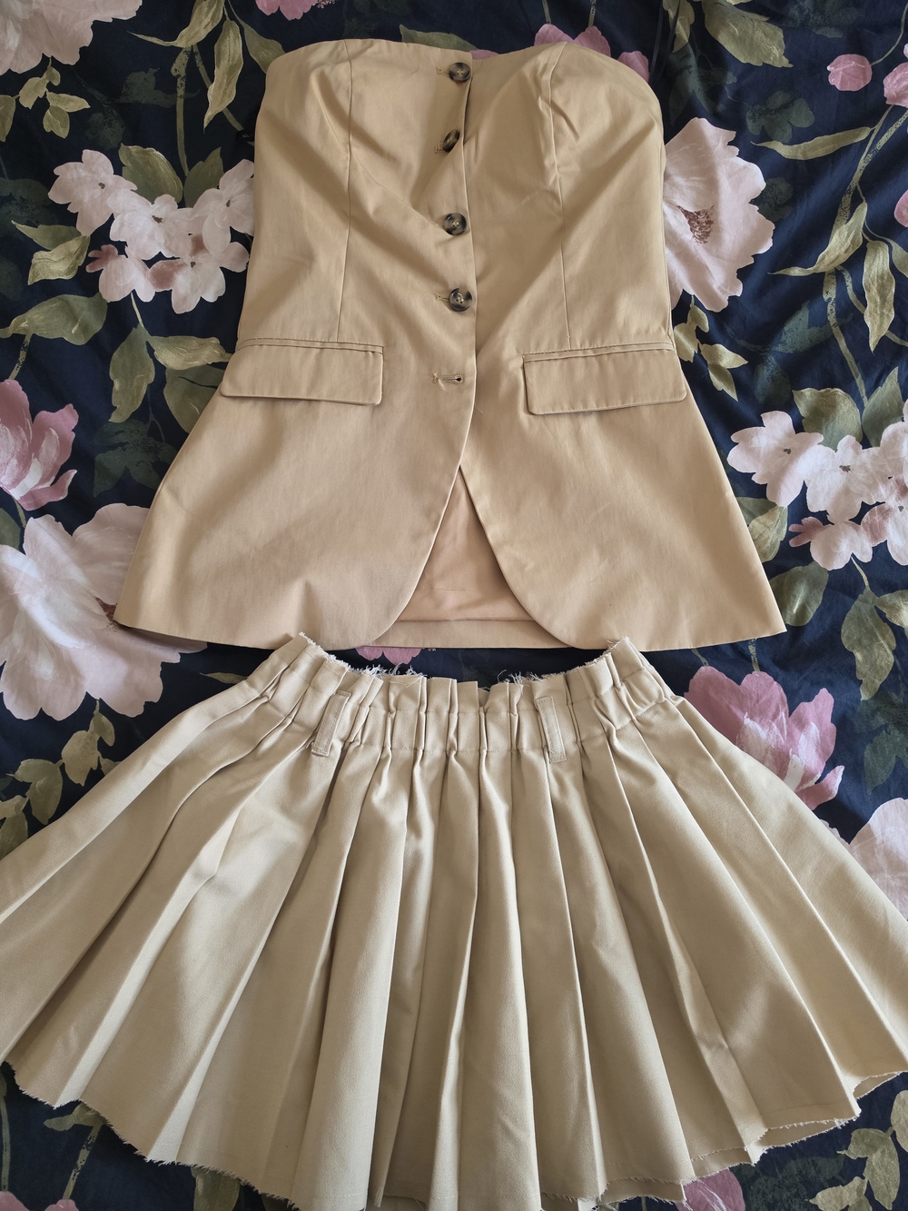 H&M Tan Strapless Top and Pleated Skirt Set